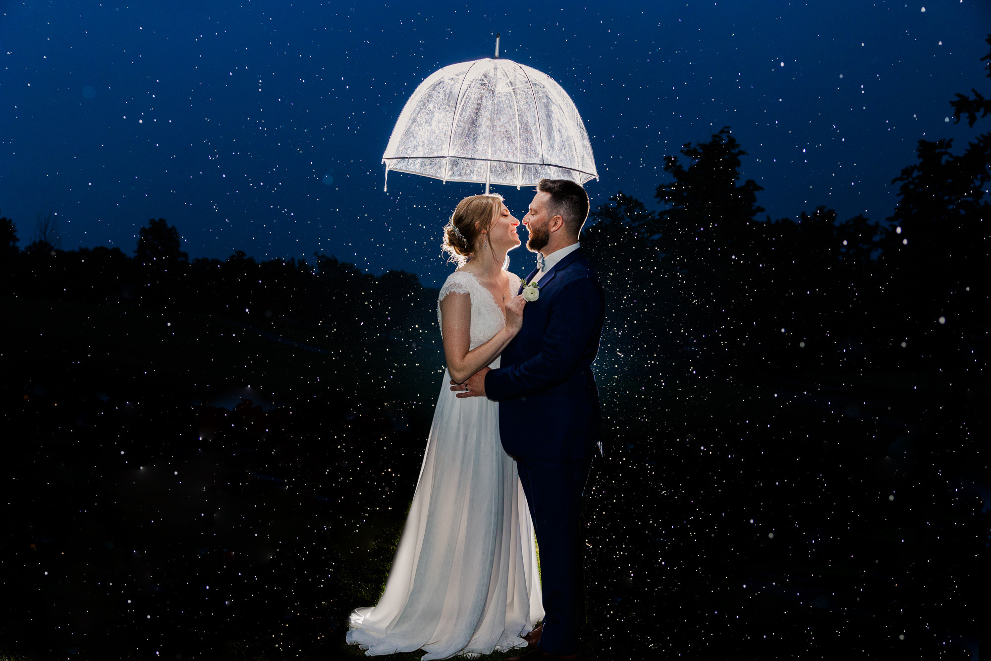 Bride and Groom Under Umbrella in the Rain