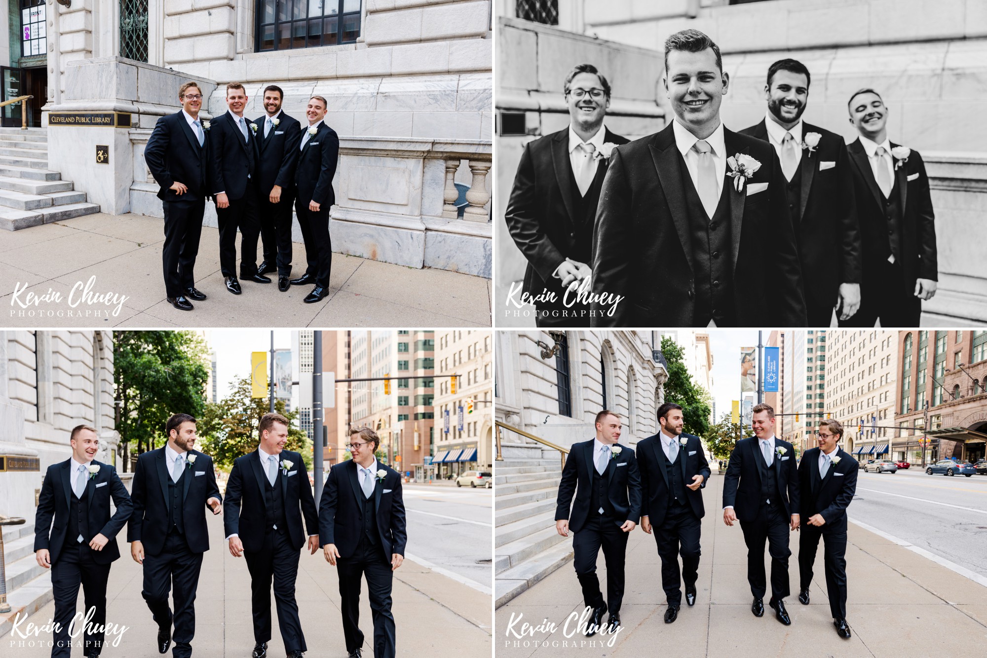 Groom and Groomsmen Portraits outside of Cleveland Public Library in Downtown Cleveland