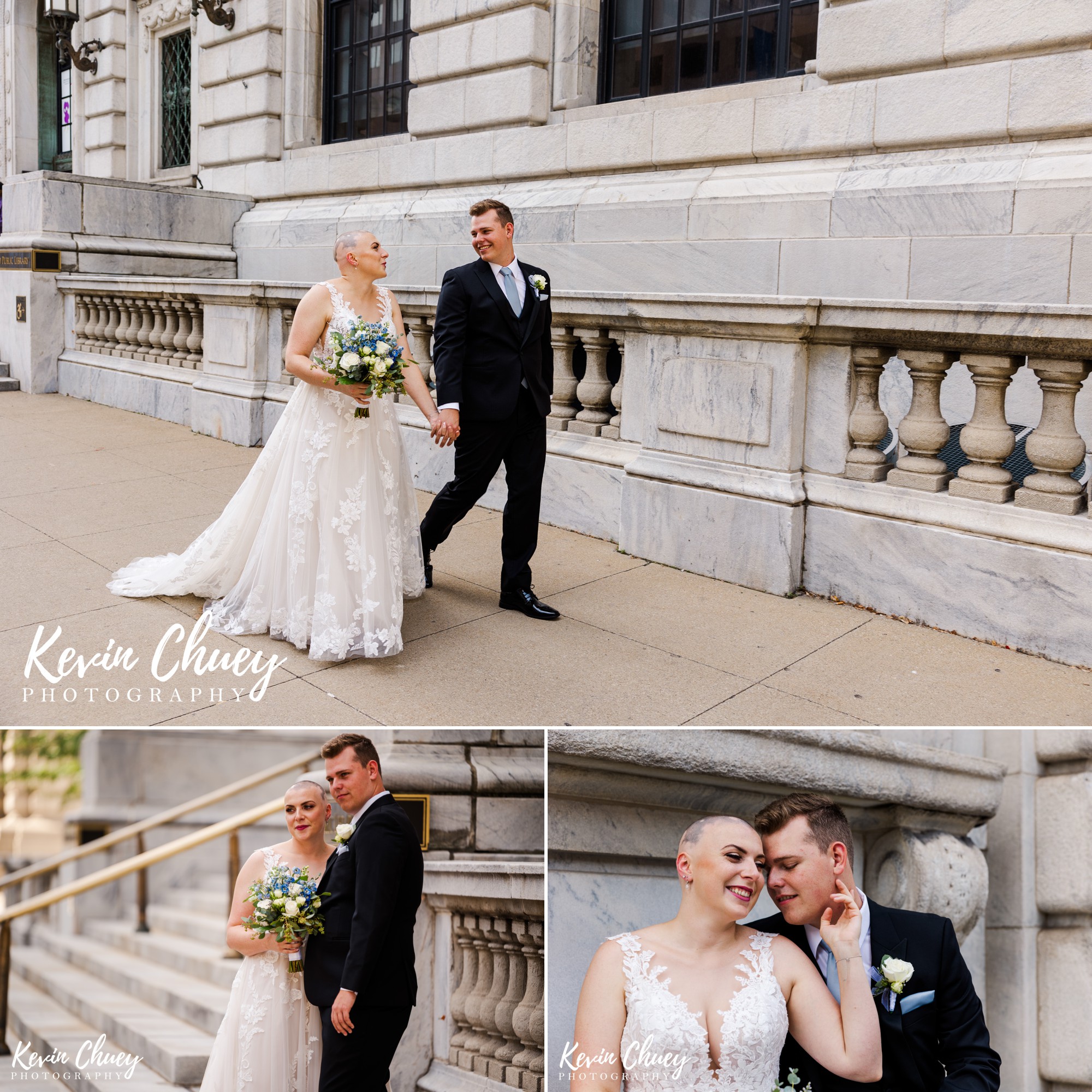 Bride and Groom Portraits outside of Cleveland Public Library in Downtown Cleveland