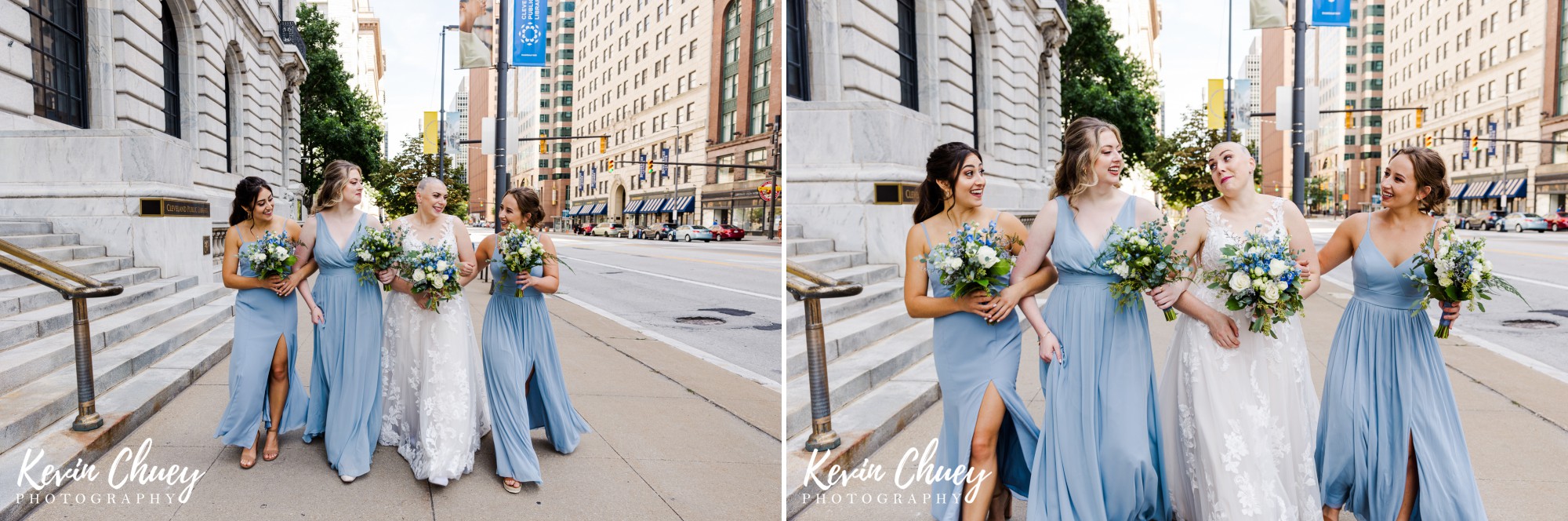Bride and Bridesmaids Portraits outside of Cleveland Public Library in Downtown Cleveland